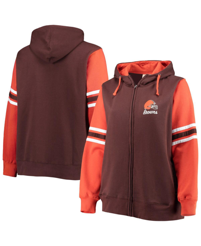 Shop Fanatics Women's  Brown, Orange Cleveland Browns Plus Size Primary Logo Script Full-zip Hoodie In Brown,orange