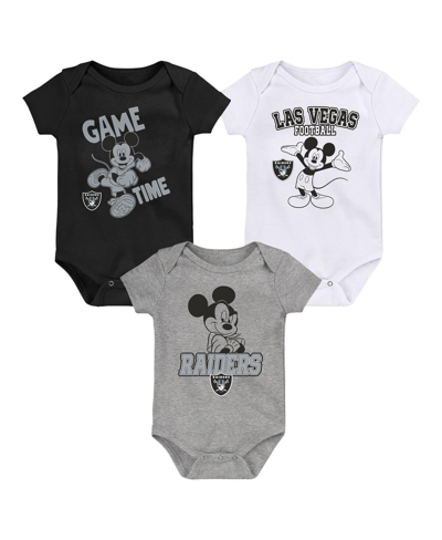 Shop Outerstuff Baby Boys And Girls Black, White, Gray Las Vegas Raiders Three-piece Disney Game Time Bodysuit Set In Black,white,gray