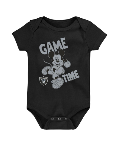 Shop Outerstuff Baby Boys And Girls Black, White, Gray Las Vegas Raiders Three-piece Disney Game Time Bodysuit Set In Black,white,gray