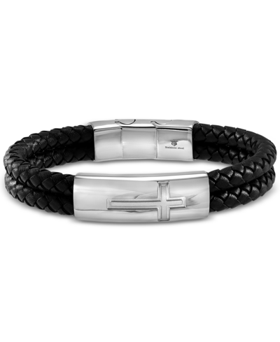 Shop Blackjack Men's Double Strand Leather Cross Bracelet In Stainless Steel In Steel,black