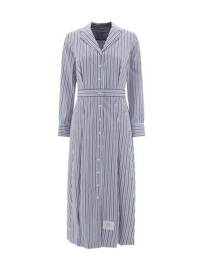 Thom Browne Striped Shirtdress With Front Buttoning In Navy