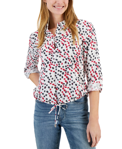 Shop Tommy Hilfiger Women's Ditsy Floral Printed Tie-hem Shirt In Scarlet Multi