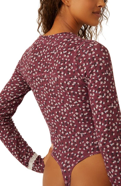 Shop Free People Sugar Dreams Floral Thermal Knit Bodysuit In Wine Combo