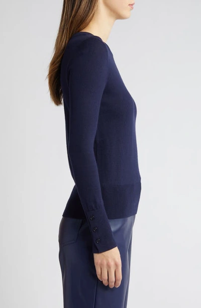 Shop Halogen Button Cuff Crewneck Sweater In Classic Navy