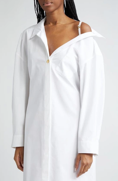 Shop Jacquemus La Robe Chemise Long Sleeve Asymmetric Cotton Poplin Shirtdress In White