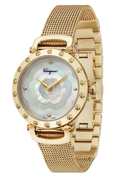 Shop Ferragamo Salvatore  Style Bracelet Watch, 34mm In Gold/ White Mop/ Gold