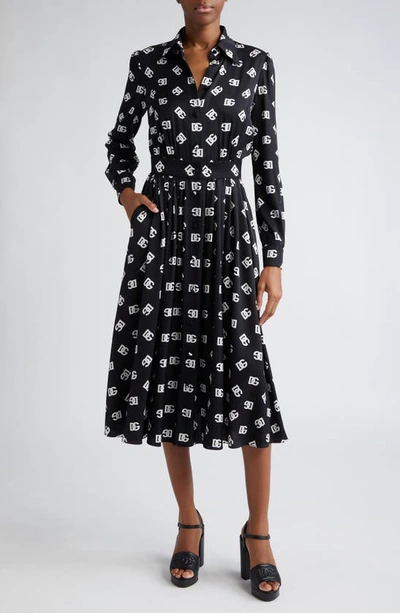 Shop Dolce & Gabbana Pleated Monogram Logo Long Sleeve Stretch Silk Charmeuse Midi Dress In Black