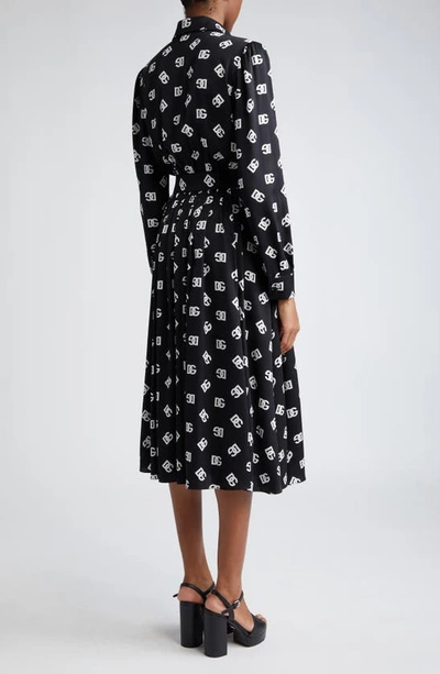 Shop Dolce & Gabbana Pleated Monogram Logo Long Sleeve Stretch Silk Charmeuse Midi Dress In Black