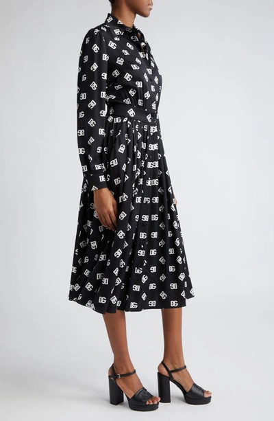 Shop Dolce & Gabbana Pleated Monogram Logo Long Sleeve Stretch Silk Charmeuse Midi Dress In Black