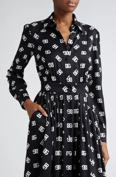 Shop Dolce & Gabbana Pleated Monogram Logo Long Sleeve Stretch Silk Charmeuse Midi Dress In Black