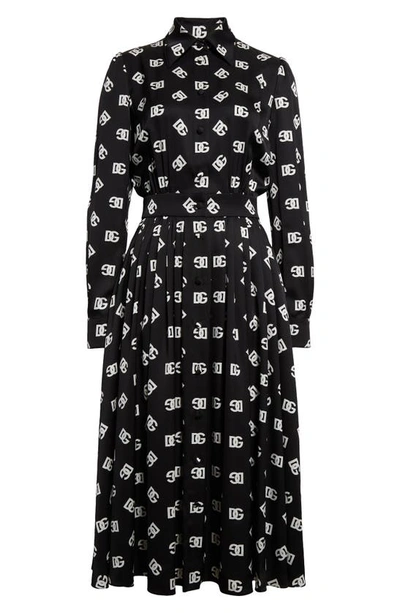 Shop Dolce & Gabbana Pleated Monogram Logo Long Sleeve Stretch Silk Charmeuse Midi Dress In Black