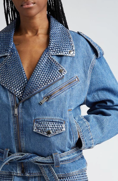 Shop Area Crystal Embellished Belted Denim Moto Jacket In Medium Indigo