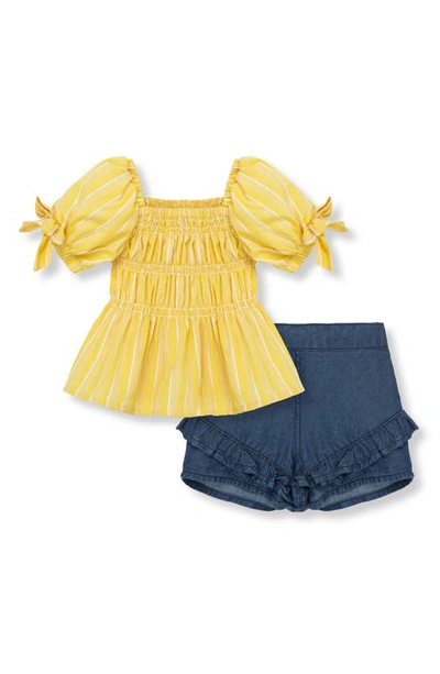 Shop Habitual Stripe Puff Sleeve Top & Shorts Set In Yellow