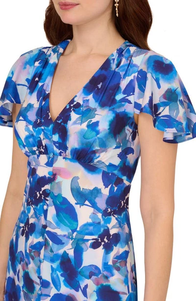 Shop Adrianna Papell Floral Chiffon Midi Dress In Blue Multi