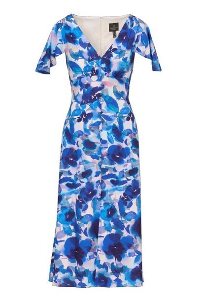 Shop Adrianna Papell Floral Chiffon Midi Dress In Blue Multi