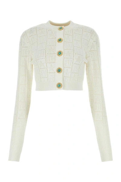 Balmain Cropped Cardigan With Jewel Buttons In White