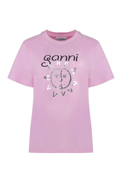 Shop Ganni Cotton Crew-neck T-shirt In Pink