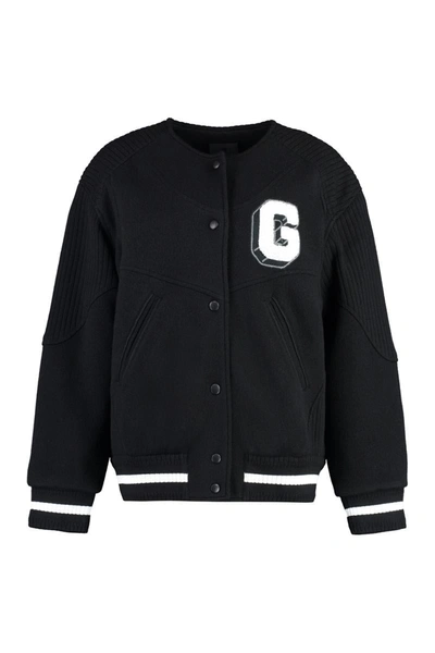 Shop Givenchy Wool Bomber Jacket With Patch In Black