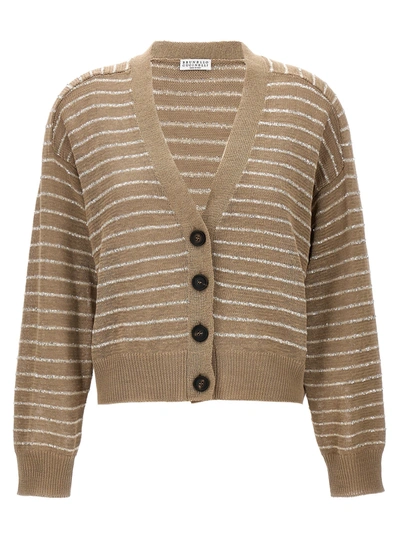 Shop Brunello Cucinelli Sequin Striped Cardigan Sweater, Cardigans In Beige