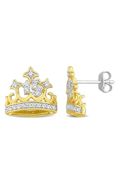 Shop Delmar Created White Sapphire 15 Crown Quinceañera Stud Earrings In Gold