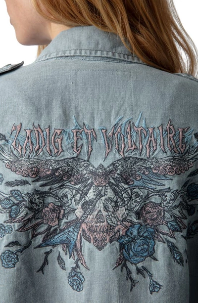 Shop Zadig & Voltaire Skull Embroidery Linen Jacket In Glacier