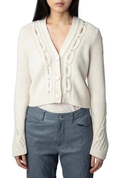 Shop Zadig & Voltaire Barley Embellished Cable Stitch Merino Wool Cardigan In Ecru