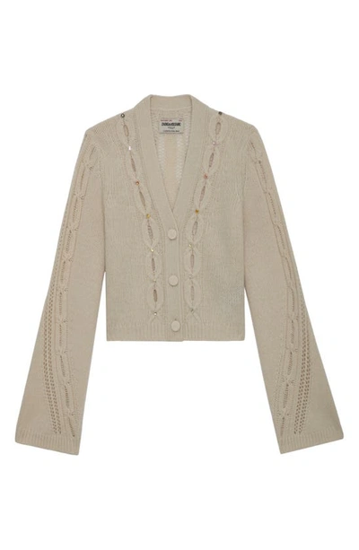 Shop Zadig & Voltaire Barley Embellished Cable Stitch Merino Wool Cardigan In Ecru