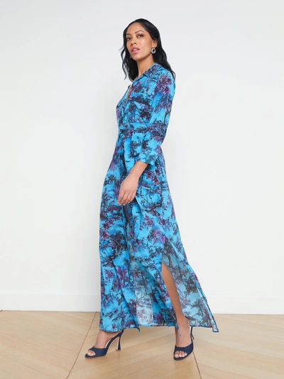 Shop L Agence Cameron Silk Maxi Shirt Dress In Blue Multi Jungle Toile