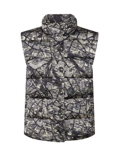 L'agence Rae Puffer Vest In Black/ecru Map Of Paris