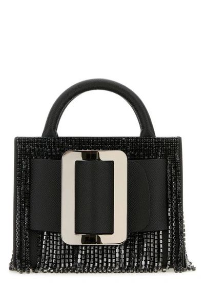 Shop Boyy Woman Black Leather Bobby 18 Crystal Flapper Handbag