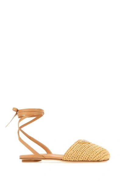 Shop Prada Woman Beige Raffia Sandals In Brown