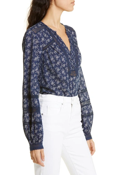 Shop Veronica Beard Kent Print Lace Blouse In Marine/ Off-white