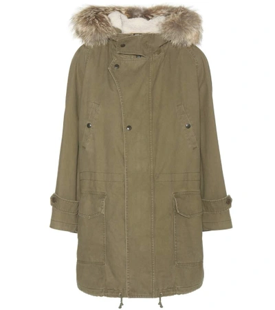 Shop Saint Laurent Cotton And Linen Parka With Fur-trimmed Hood In Green