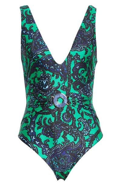 Shop Zimmermann Tiggy Ring Detail One-piece Swimsuit In Navy/ Green Paisley