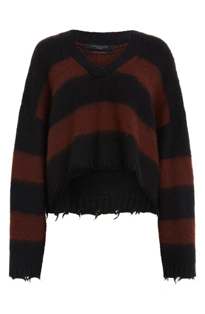 Shop Allsaints Lou Stripe Crop Sweater In Black/ Chestnut Brown