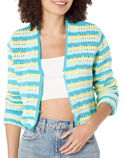 Shop Nia Crop Crochet Cardigan In Aqua In Blue