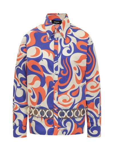 Dsquared2 Abstract Patterned Woodstock Shirt With Open Work Detail In Multicolor