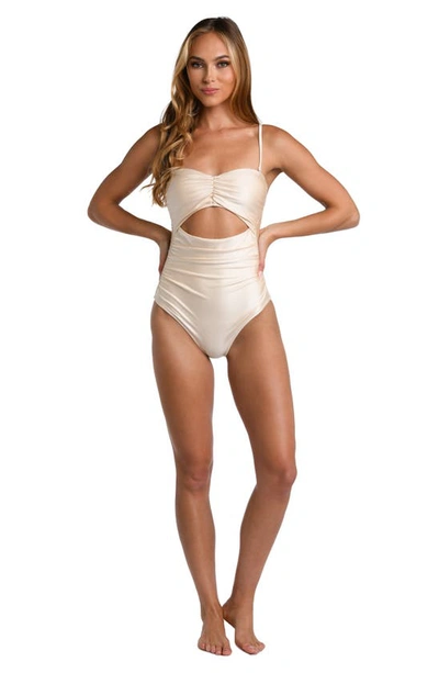 Shop L Agence Lily Cutout Ruched One-piece Swimsuit In Champagne