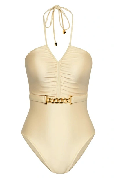 Shop L Agence Leila Belted Halter One-piece Swimsuit In Champagne
