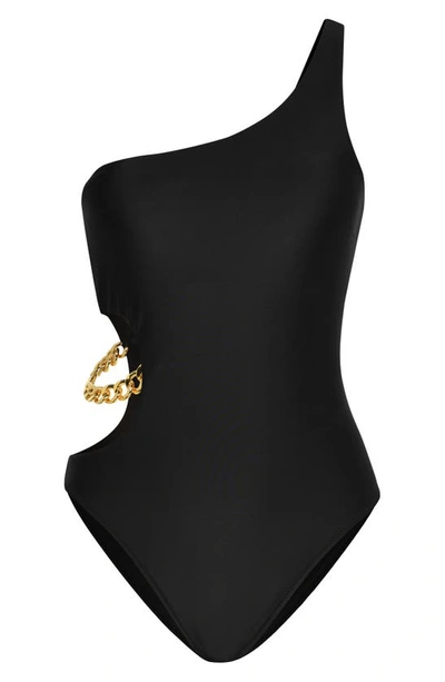 Shop L Agence Ava Cutout Chain One-shoulder One-piece Swimsuit In Black