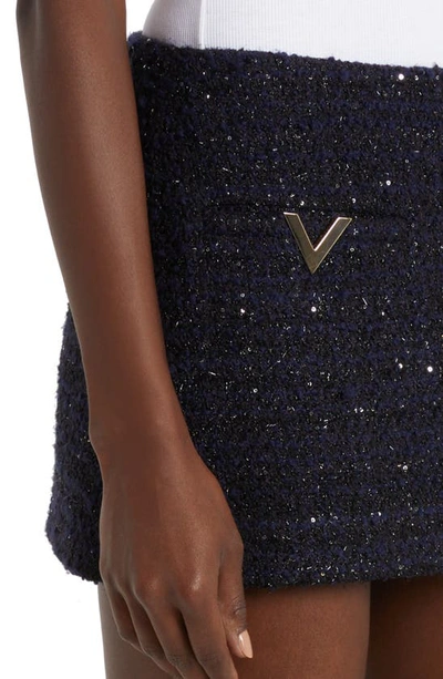 Shop Valentino Logo Detail Metallic Tweed Miniskirt In Navy/ Lurex