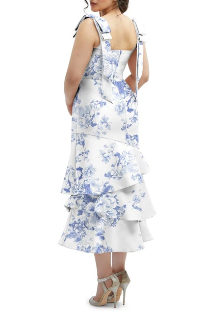 Dessy Collection Floral Print Ruffle Sleeveless Satin Midi Dress In Cottage Rose-larkspur Print