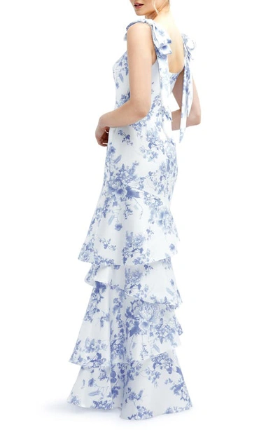 Shop Dessy Collection Floral Print Ruffle Tie Strap Gown In Cottage Rose-larkspur Print