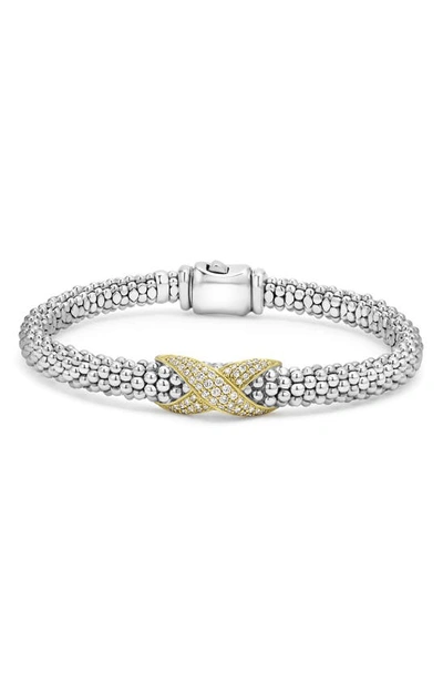 Lagos 18k Yellow Gold & Sterling Silver Embrace Diamond Pave X Caviar Bead Bracelet In Silver