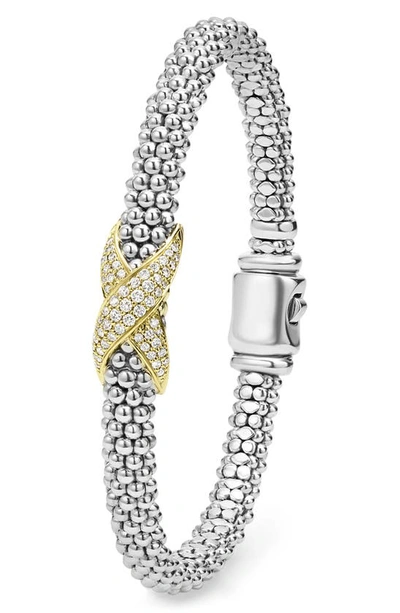 Lagos 18k Yellow Gold & Sterling Silver Embrace Diamond Pave X Caviar Bead Bracelet In Silver