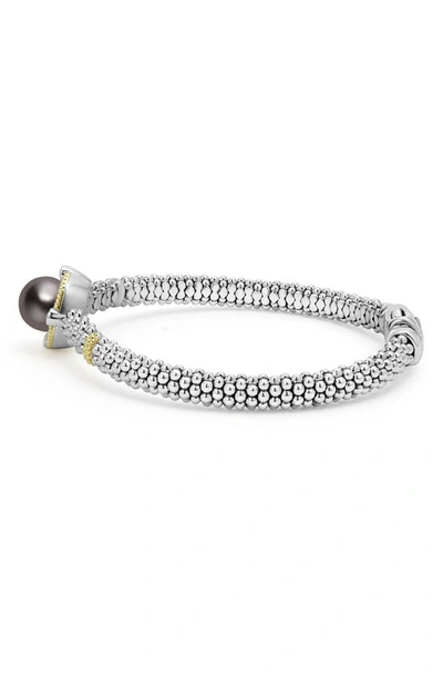 Lagos 18k Yellow Gold & Sterling Silver Luna Black Tahitian Pearl & Diamond Caviar Bead Bracelet In Silver