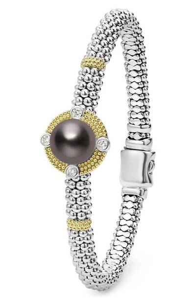 Lagos 18k Yellow Gold & Sterling Silver Luna Black Tahitian Pearl & Diamond Caviar Bead Bracelet In Silver