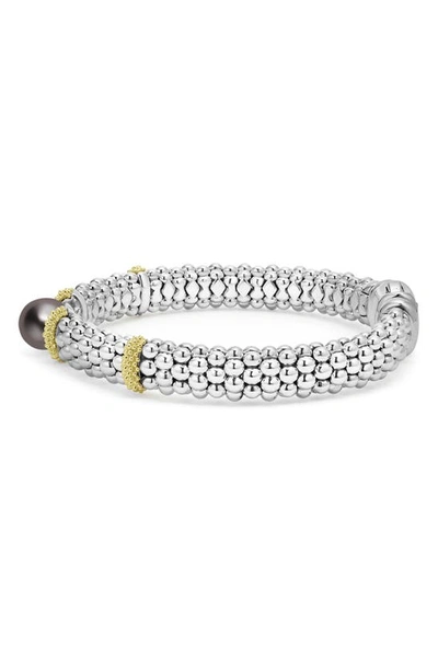 Lagos 18k Yellow Gold & Sterling Silver Luna Black Tahitian Pearl Caviar Bead Bracelet In Silver