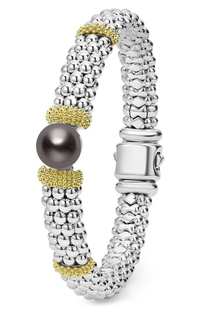 Shop Lagos Luna Black Tahitian Pearl Station Bracelet In Silver