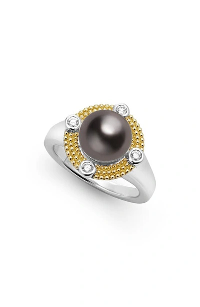Lagos 18k Yellow Gold & Sterling Silver Luna Black Tahitian Pearl & Diamond Halo Ring In Luna Blk